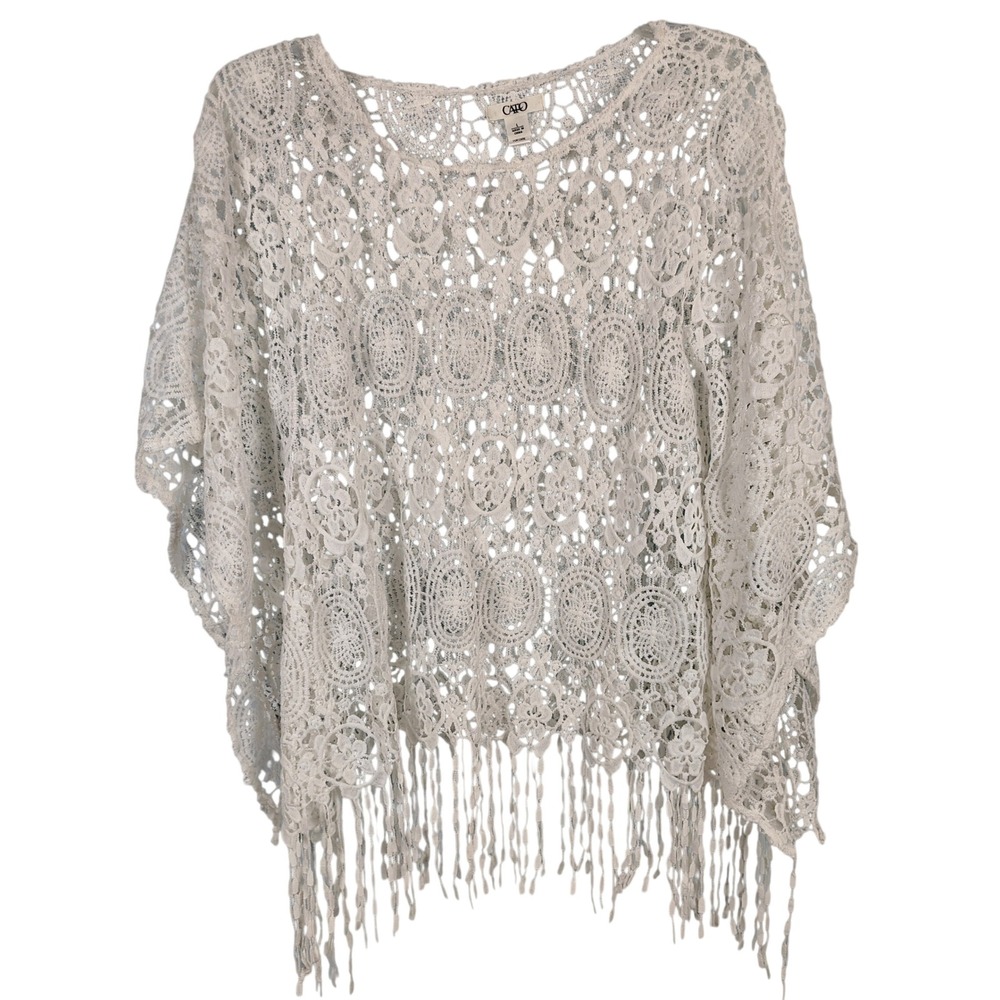 Cato Womens L Crochet Lace Fringe Poncho White Floral Boho Cottagecore Festival